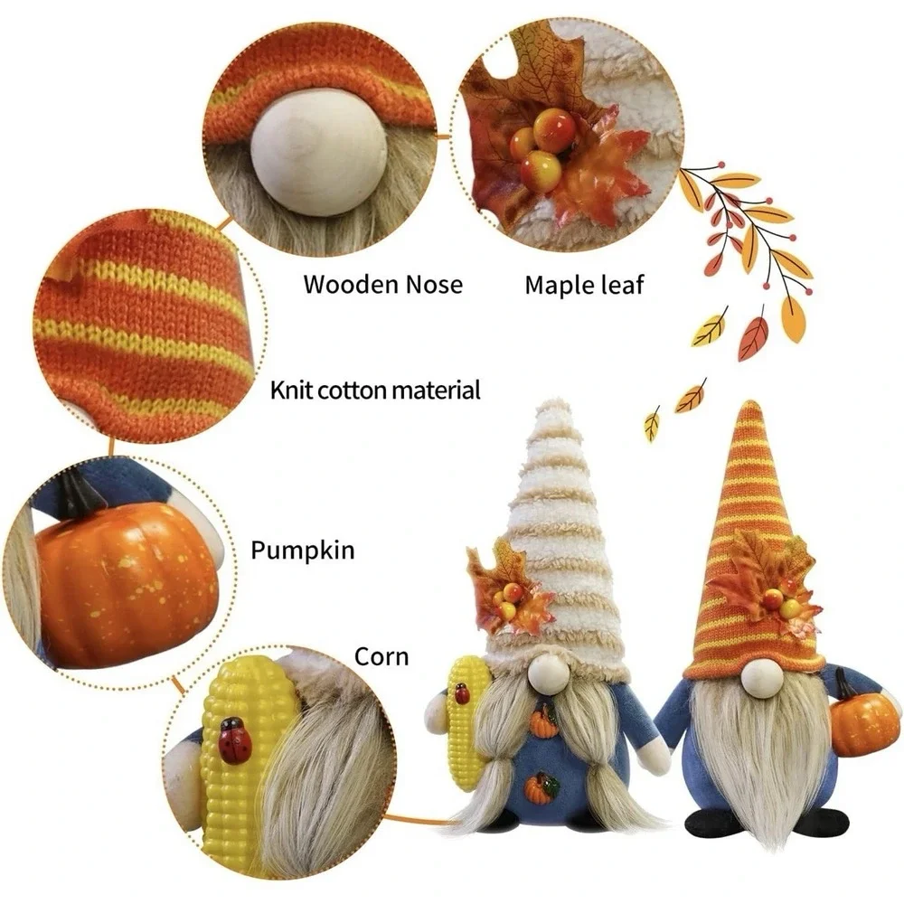 Thanksgiving Gnome Decorations 2Pack Handmade Fall Harvest Gnome Plush Swedis...